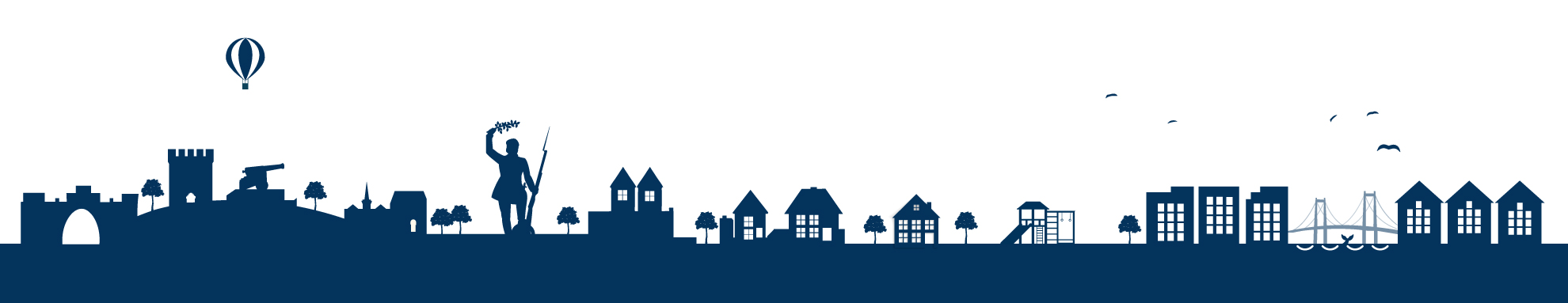 Illustration af Fredericia Skyline med bygninger, statue, luftballon og bro.